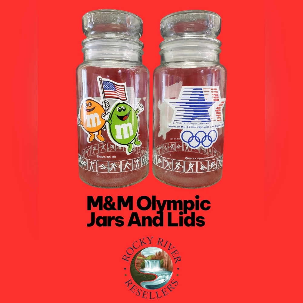 M&M Glass Jars And Lids (2) | 1984 L.A. Olympics | Anchor Hocking | Vintage